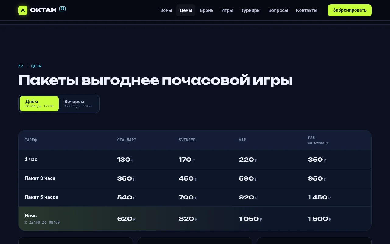Таблица тарифов и пакетов времени: день, вечер, пакеты 3 и 5 часов, ночной безлимит